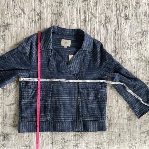 NWT Ann Taylor LOFT Denim Moto Jacket Blue Stripe Turn-up Sleeves Pockets Snaps - Picture 4 of 8
